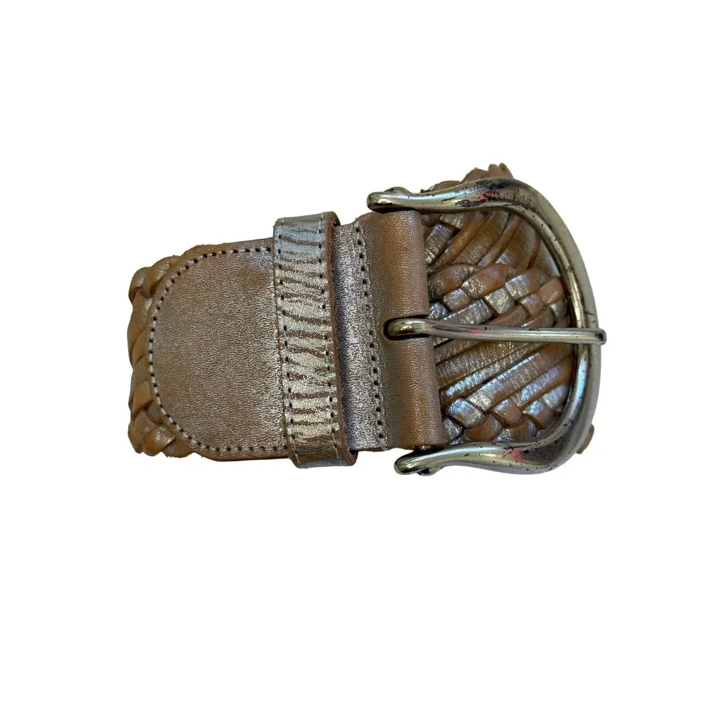 Linea Pelle Tan Silver Gold Metallic Braided Leather Belt sz M 41" - Picture 7 of 11